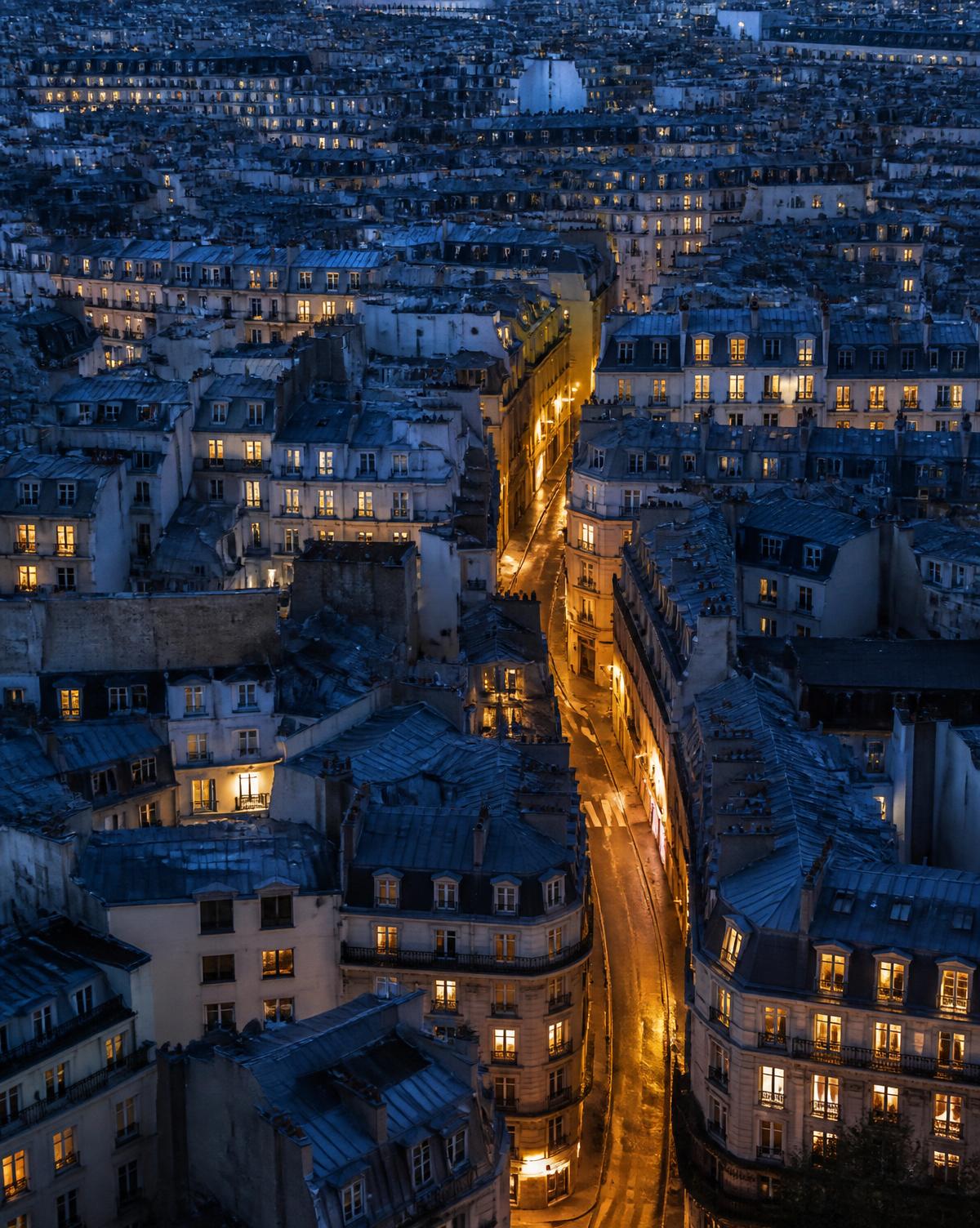 City rooftops and lit streets at blue hour